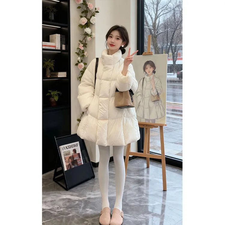 parkyeon高级感洋气立领加厚保暖棉衣棉袄女温柔风白色长袖外套