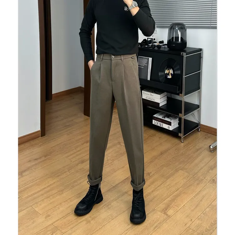 加厚保暖百搭休闲九分毛呢西裤冬季男士松紧腰直筒长裤重磅西装裤