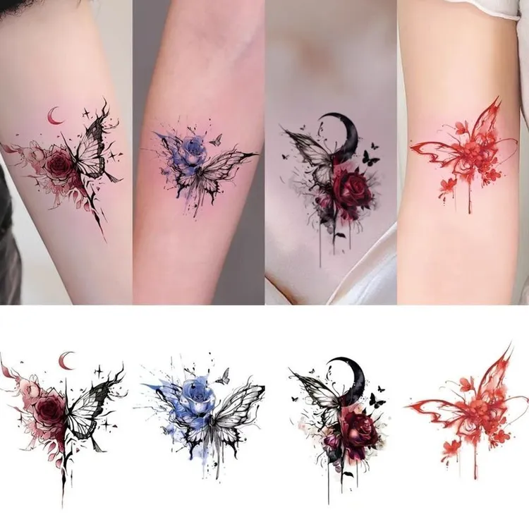 夏日玫瑰蝴蝶纹身贴防水持久彩色甜酷辣妹高颜值高级锁骨手臂贴纸