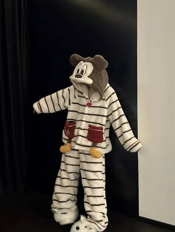 可爱卡通米奇珊瑚绒睡衣女秋冬季新款连帽长袖长裤家居服套装冬天
