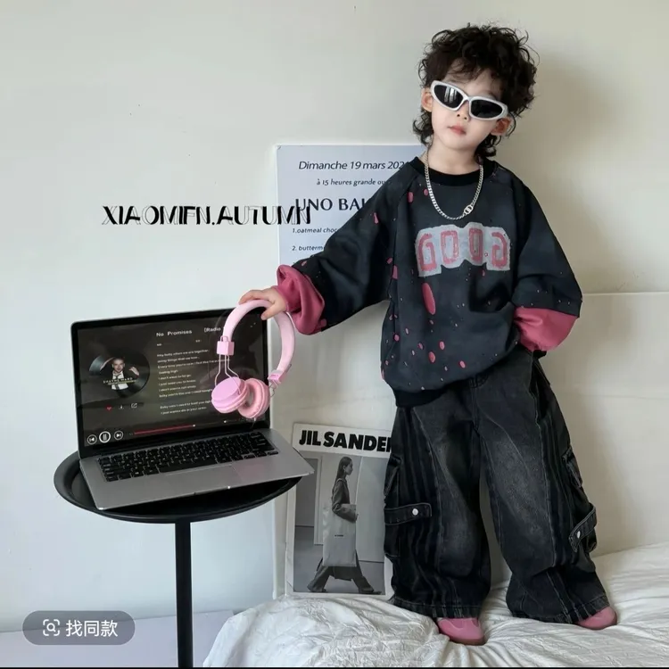 【宇优】儿童韩版套装2025秋季新款破洞假两件卫衣酷帅工装牛仔裤