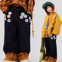 momobobi自制儿童牛仔裤韩版个性贴标百搭长裤格子拼接薄绒休闲裤