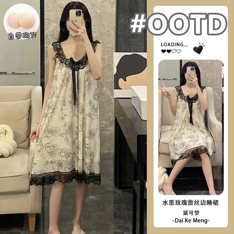 【水墨玫瑰】法式蕾丝花边纯欲睡裙女带胸垫可外穿防凸点性感背心裙