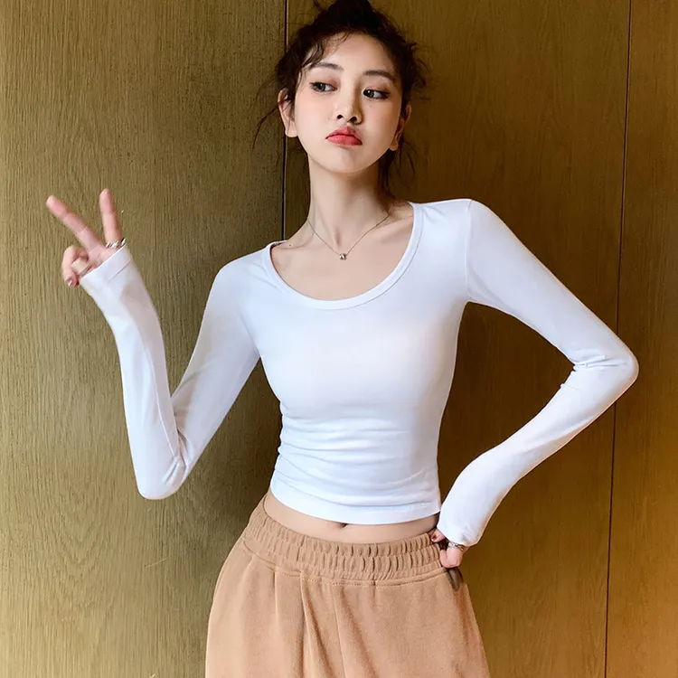 白色短款长袖打底衫女内搭春秋薄款紧身t恤高腰露脐洋气圆领上衣