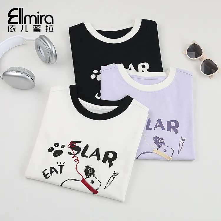 9106女童短袖t恤夏季上衣宽松圆领2025新款大童洋气薄潮流 
