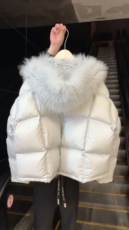 韩系蓝色大毛领短款棉服女装冬季宽松显瘦保暖加厚面包服气质外套