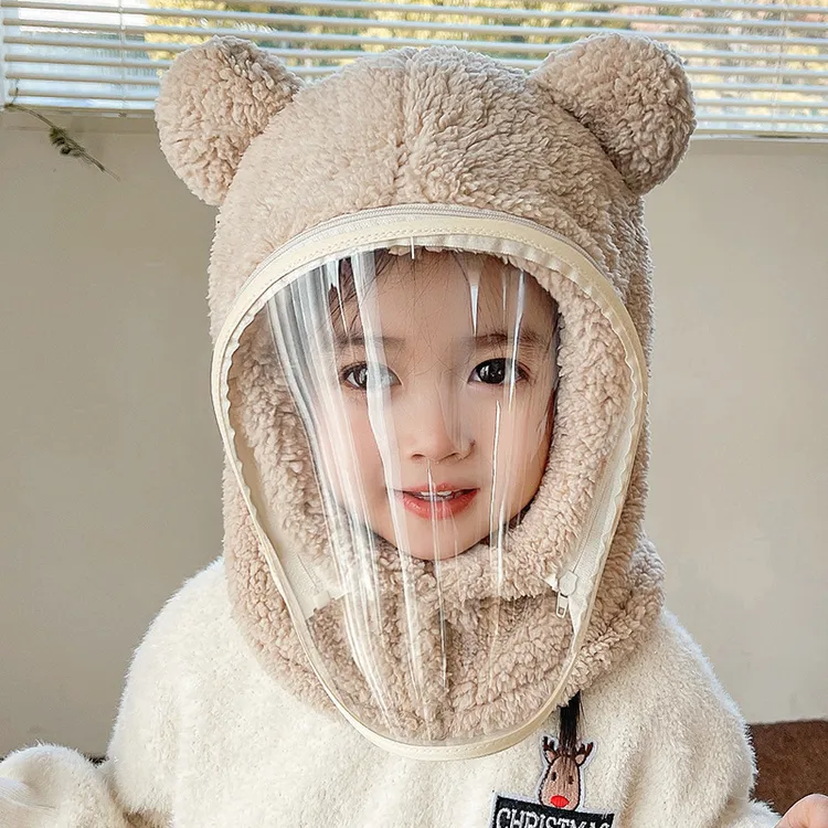 儿童帽子防风帽秋冬围脖一体帽带面罩全脸加厚骑车男女小熊套头帽