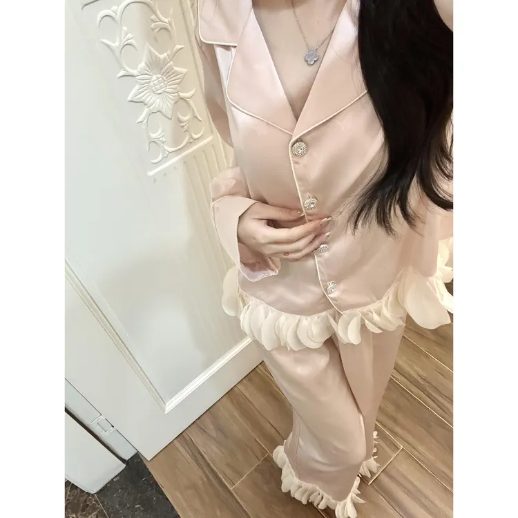 【轻奢花边】法式高级缎面冰丝睡衣女春秋款2025年新款家居服套装