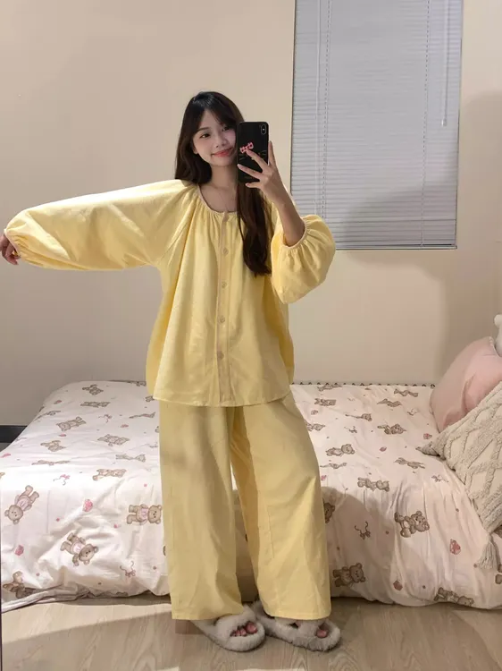 法式简约纯色圆领双层磨毛睡衣女秋冬款2025新款可外穿家居服套装