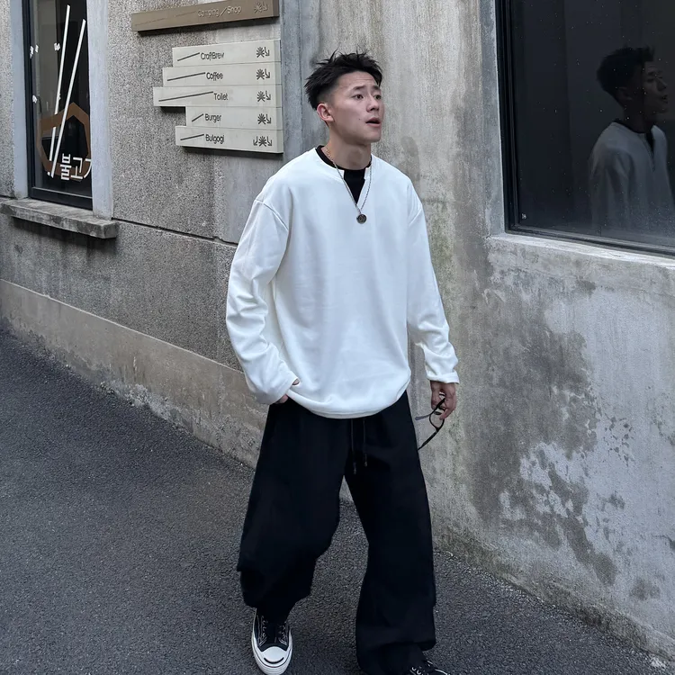 AAl秋季假两件T恤百搭宽松拼色常规款V领圆领免烫卫衣情侣百搭