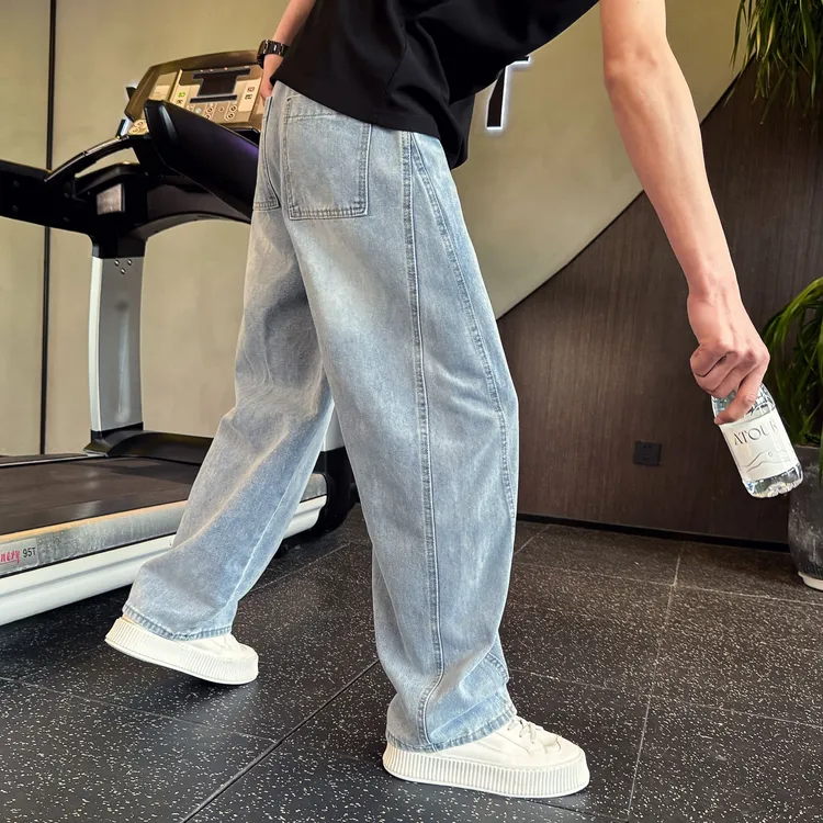 美式拼接弯刀牛仔裤男宽松裤子2025春秋新款潮牌设计感直筒休闲裤