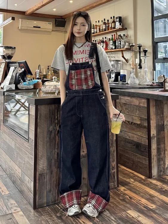 哈尼HONEY美式复古格纹拼接牛仔背带裤女宽松阔腿裤长裤设计感潮