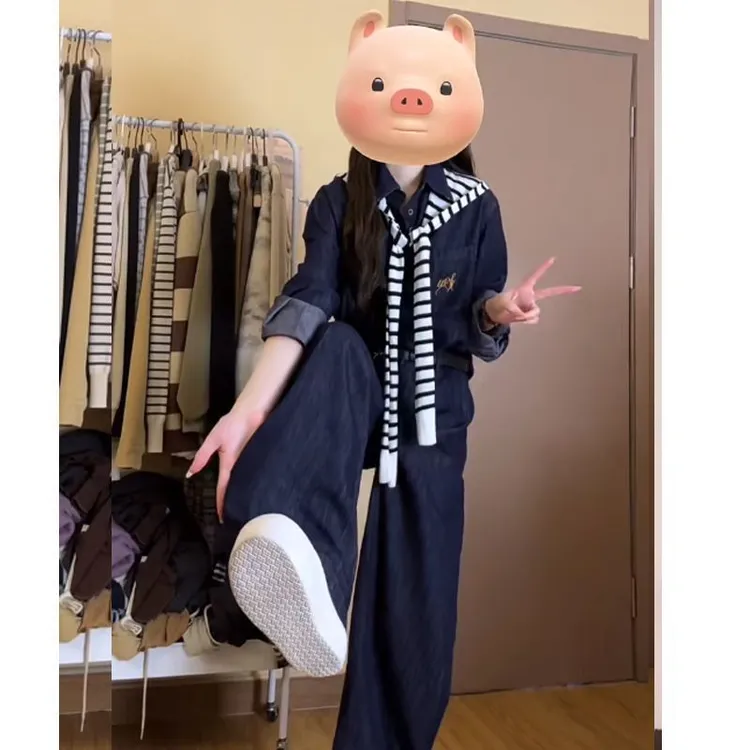 纯欲风套装女2025早秋新款韩系洋气长袖衬衫阔腿裤两件套秋季女装