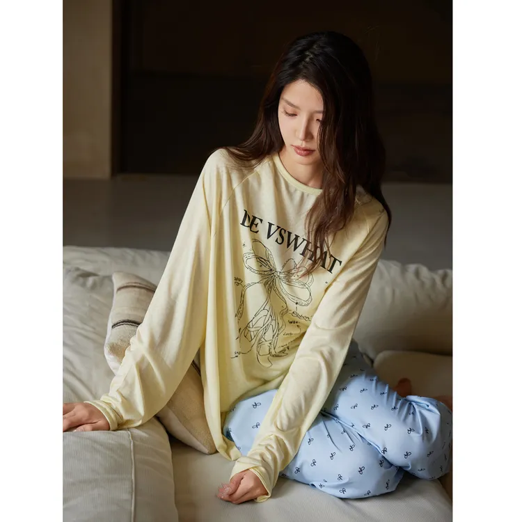 美腾睡衣女春秋季长袖蝴蝶结长裤莫代尔棉甜美圆领抗菌家居服套装