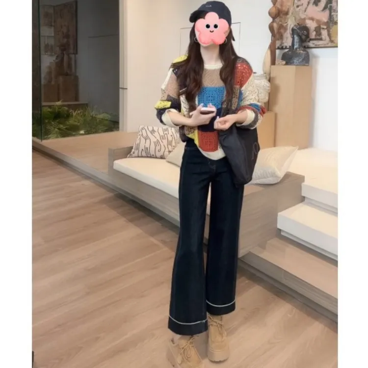 秋季新款复古时尚宽松撞色镂空针织衫+百搭高腰牛仔裤LK2505705