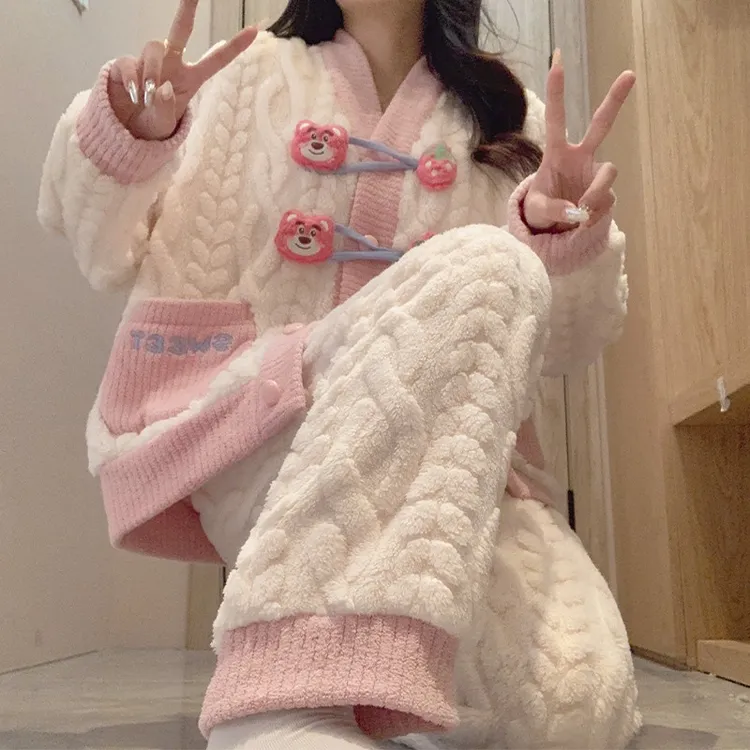 珊瑚绒睡衣女士冬季法兰绒春秋天长袖加绒加厚套装冬款甜美家居服
