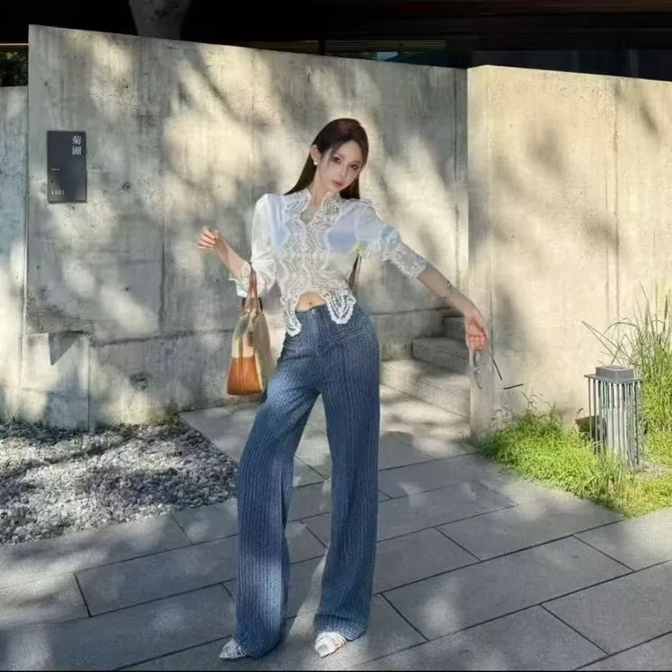 “T台走秀”设计感INS风蕾丝拼接衬衫上衣+裤子