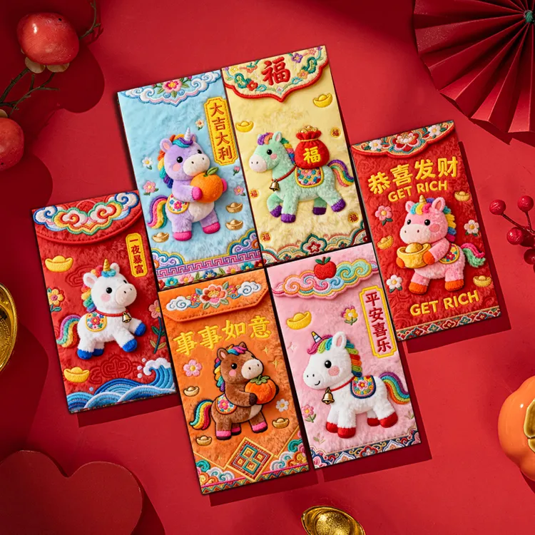 马年 5D立体毛绒刺绣风格红包创意卡通利是封新年高颜值质感红包