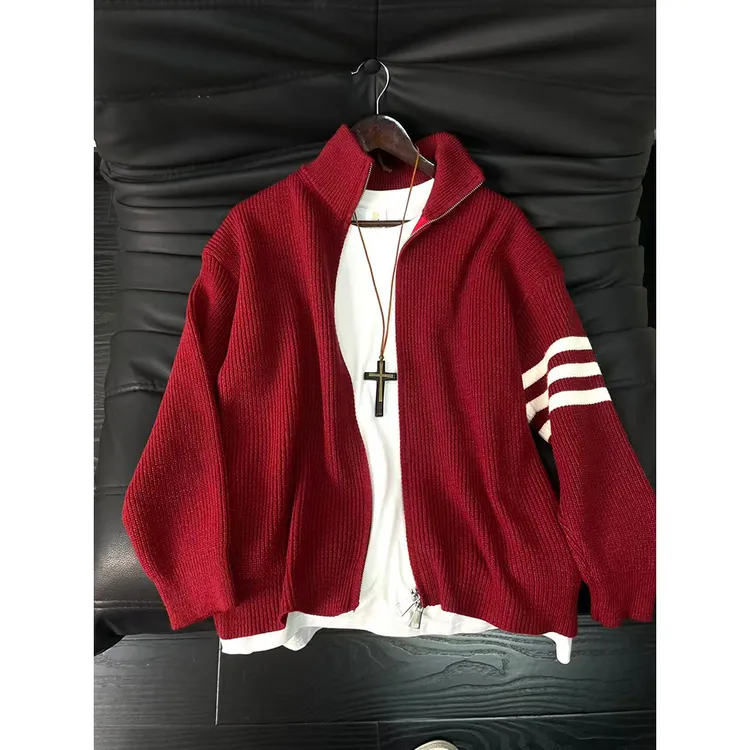 cleanfit酒红色高领开衫毛衣男款冬季双拉链针织衫条纹情侣装夹克