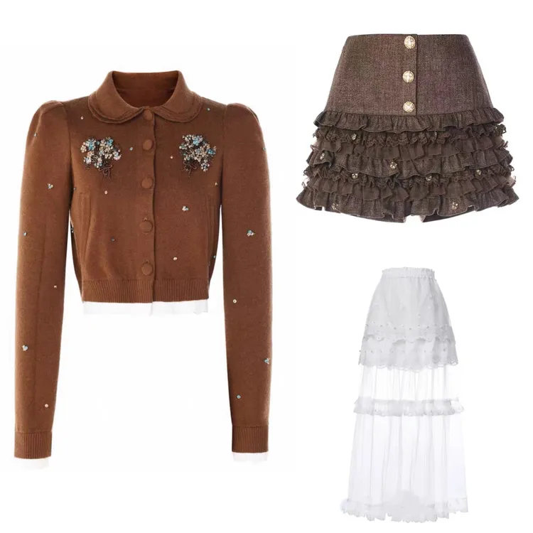 辰辰辰小店棕色钉珠翻领上衣半裙