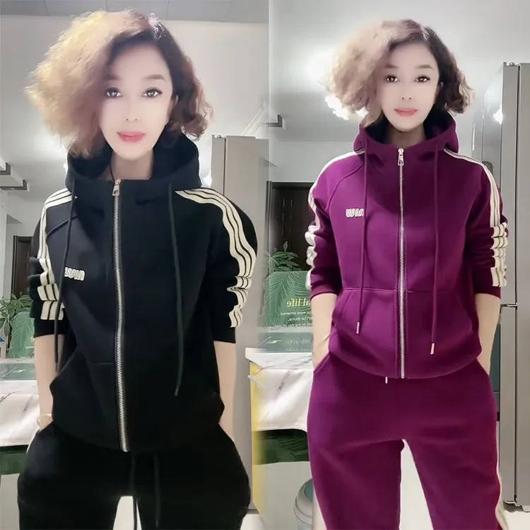 秋冬季加绒加厚时尚套装女宽松气质显瘦连帽外套卫裤两件套韩版潮