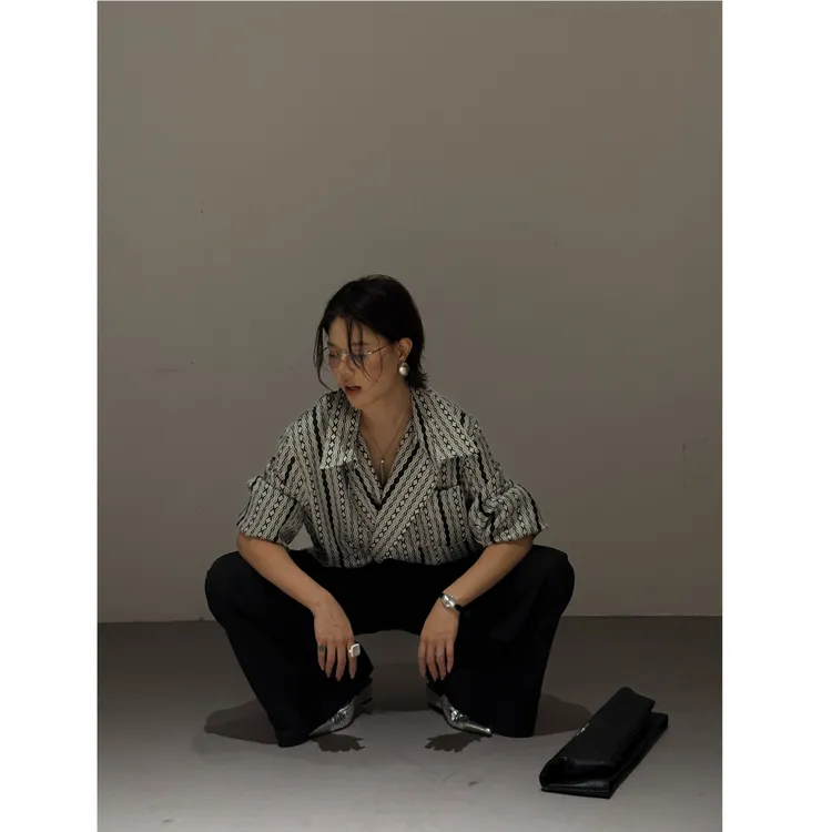 DENGDAHA「边际秘闻」休闲风 时尚千鸟格 流沙条纹衬衫SHBZXW917920