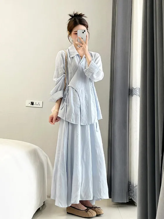 国风新中式套装裙子女秋季薄款法式系带长袖防晒衬衫半身裙两件套