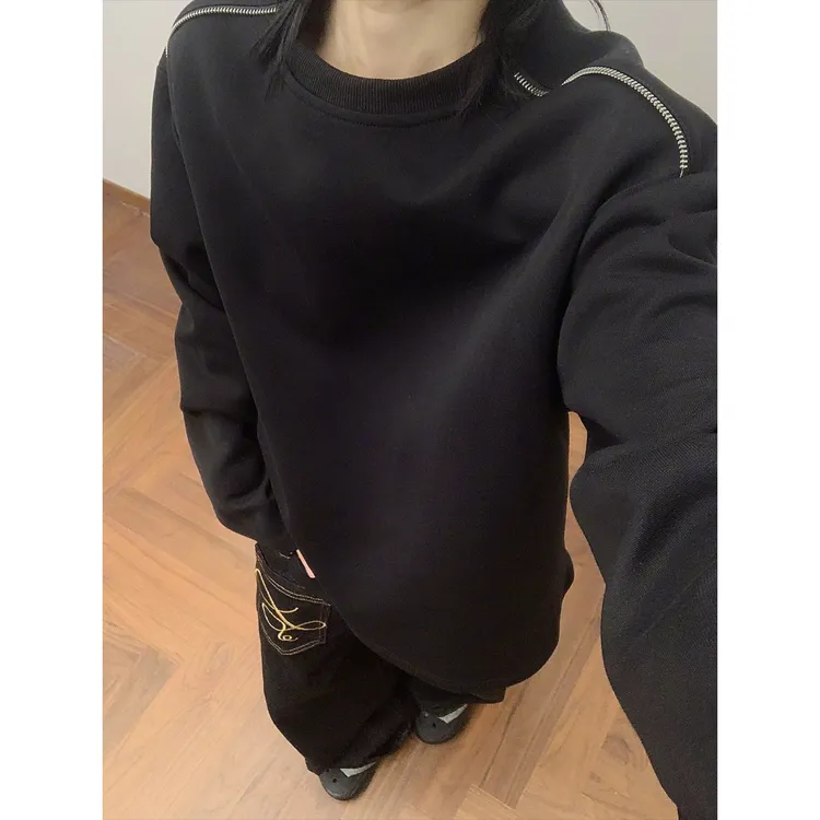 拉链设计重磅圆领卫衣男秋冬潮牌美式打底衫长袖t恤宽松休闲外套