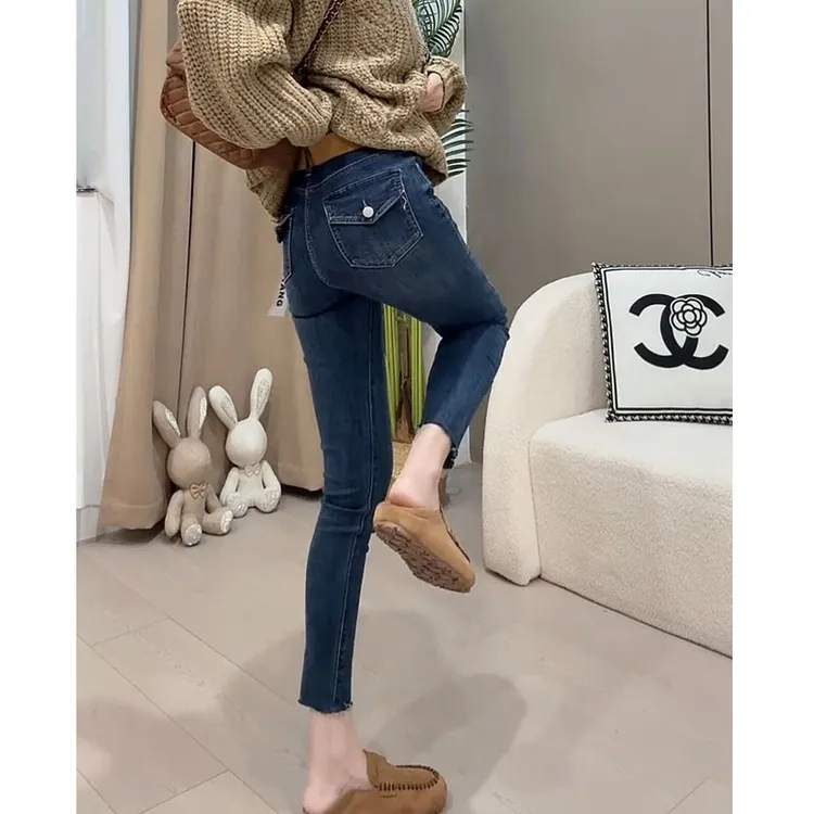 小脚牛仔裤女春秋新款大码小个子胖mm高腰显瘦梨形身材九分铅笔裤