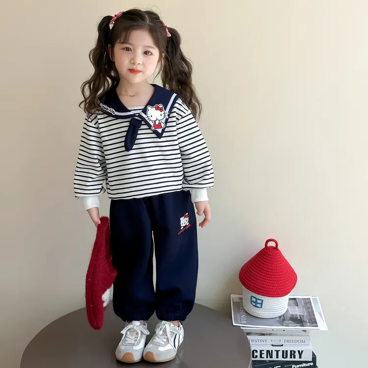 女童套装秋季2025新款儿童kt猫海军领卫衣两件套宝宝春秋条纹衣服