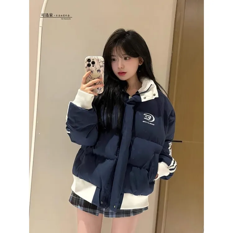 2025新款美式立领加厚棉服三条杠面包服短款宽松学生棉袄外套