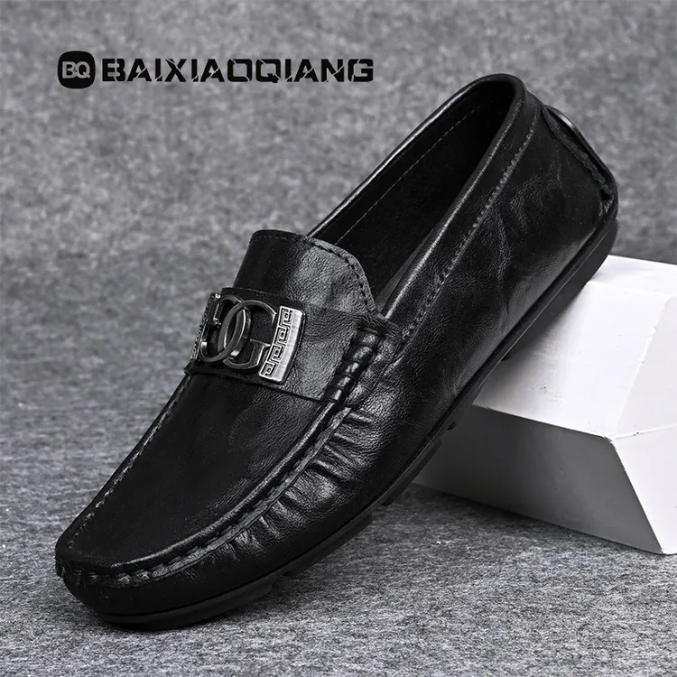 白小强秋冬新款男款真皮牛皮手工豆豆鞋鞋子一脚蹬休闲皮鞋驾车鞋