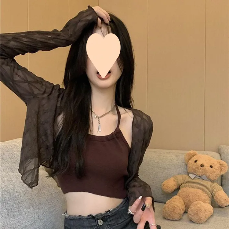 时尚辣妹薄纱开衫披肩女春夏新款冰丝防晒衣吊带外搭空调衫短上衣