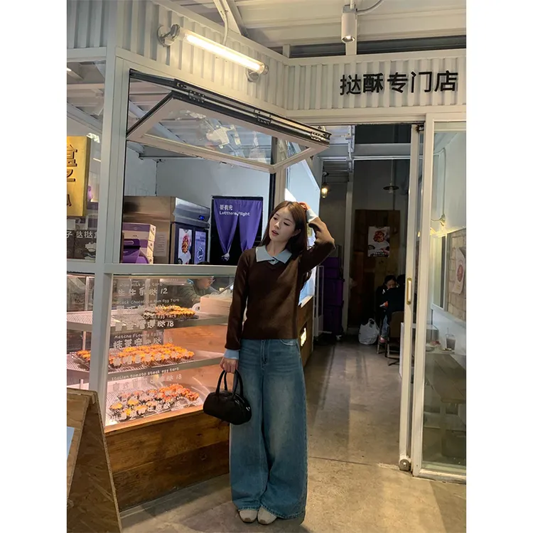 【现货次日发】韩系ins撞色拼接上衣翻领针织衫蓝色宽松休闲牛仔裤