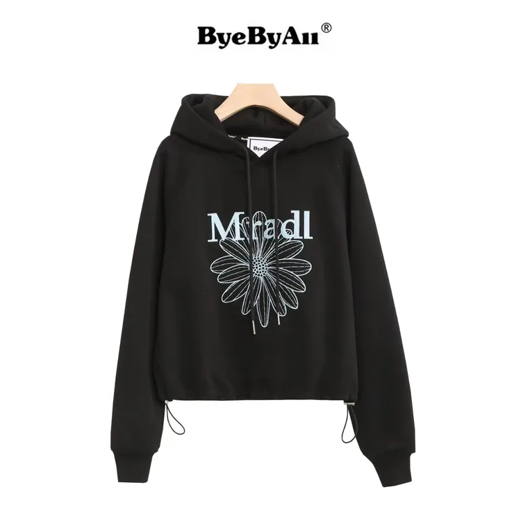 BYEBYALL韩系设计师女秋冬时尚潮流连帽刺绣休闲卫衣加绒加厚