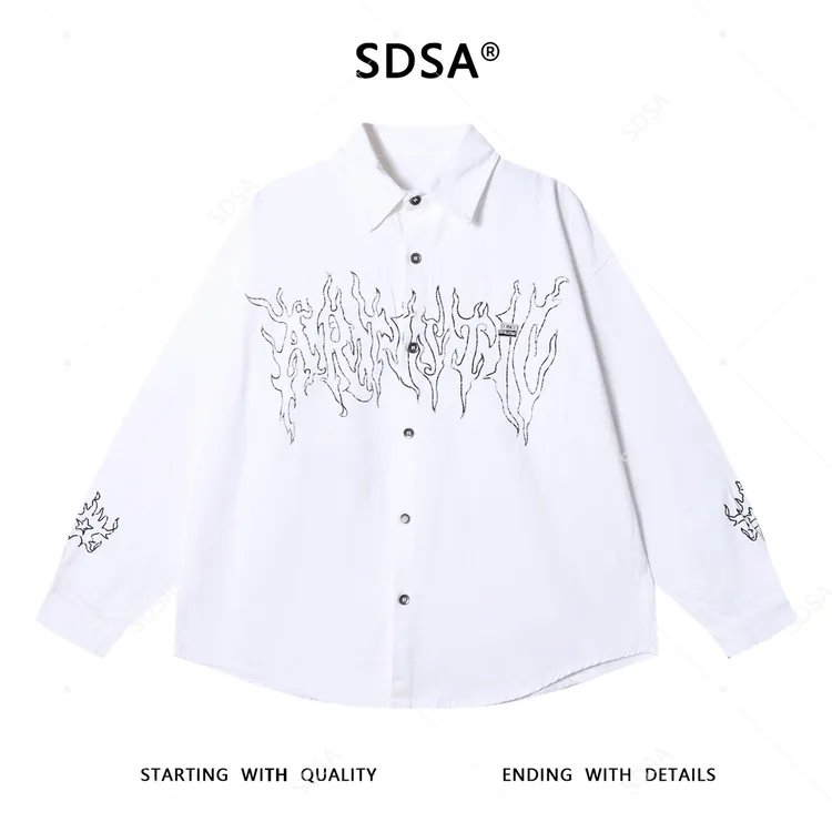 SDSA男士秋冬新款痞帅男装潮牌火焰印花长袖衬衫百搭高街痞帅衬衣