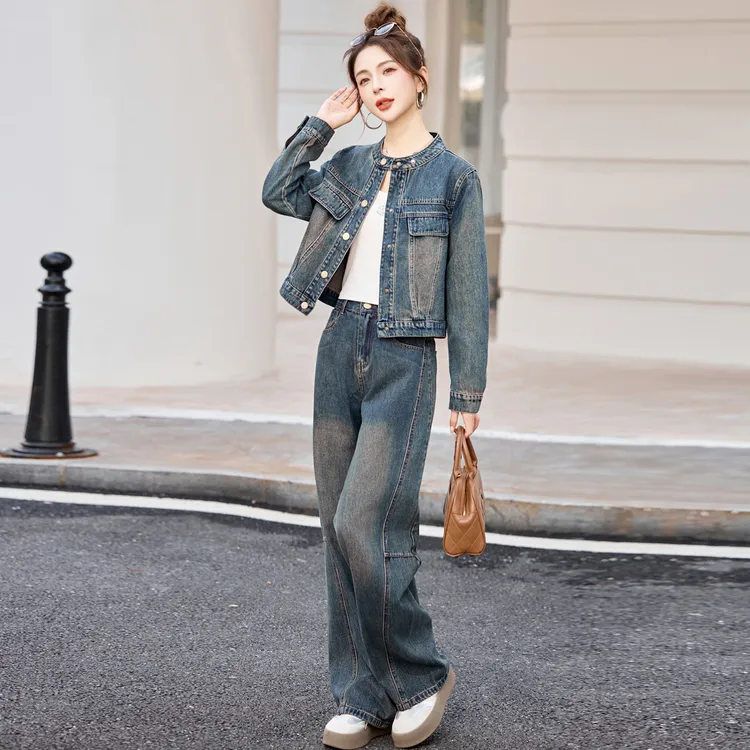 巨好看的牛仔套装女2025新款春秋季时尚显瘦休闲阔腿裤两件套洋气