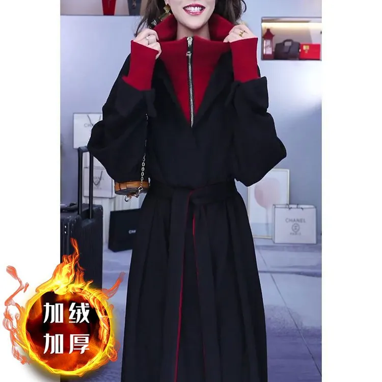 大码假两件连衣裙女2025秋冬新款气质百搭收腰显瘦撞色中长款裙子