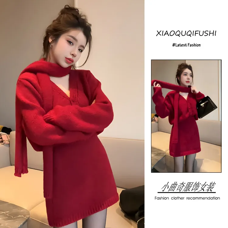 冬季穿搭一整套装女韩版2025年新款新年氛围感红色毛衣短裙两件套