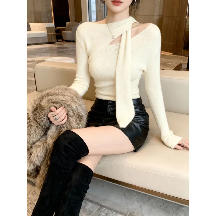 韩系白色系带长袖T恤女秋冬高级设计打底衫内搭可外穿超好看上衣