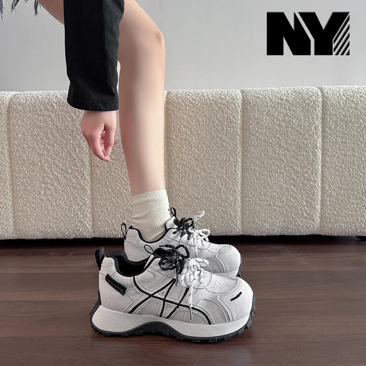 NY品牌厚底增高老爹鞋女2025秋冬时尚休闲加绒保暖复古棉鞋阿甘鞋