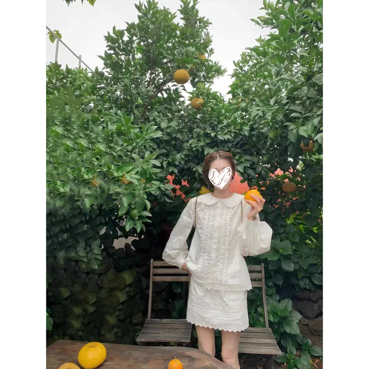 柑橘汽水 早秋复古重工刺绣复古灯笼袖长袖衬衫半裙时尚套装