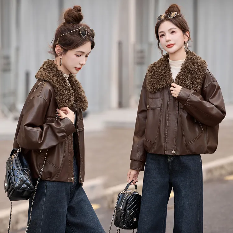 羊羔毛拼接皮衣女2025年冬季新款时尚加厚保暖加绒洋气短款外套潮