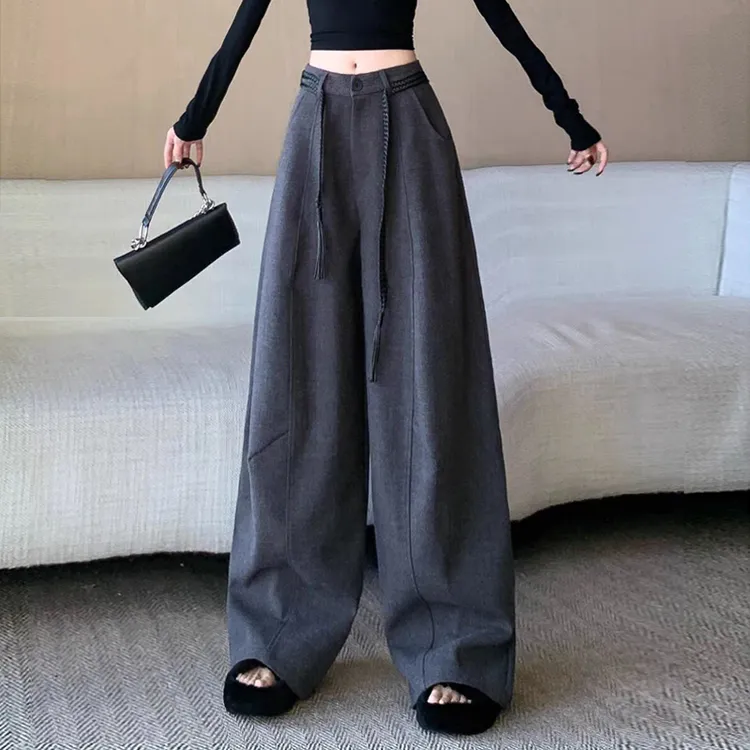 灰色羊毛呢西装阔腿裤女欧货2025秋冬高腰宽松加厚直筒弯刀休闲裤