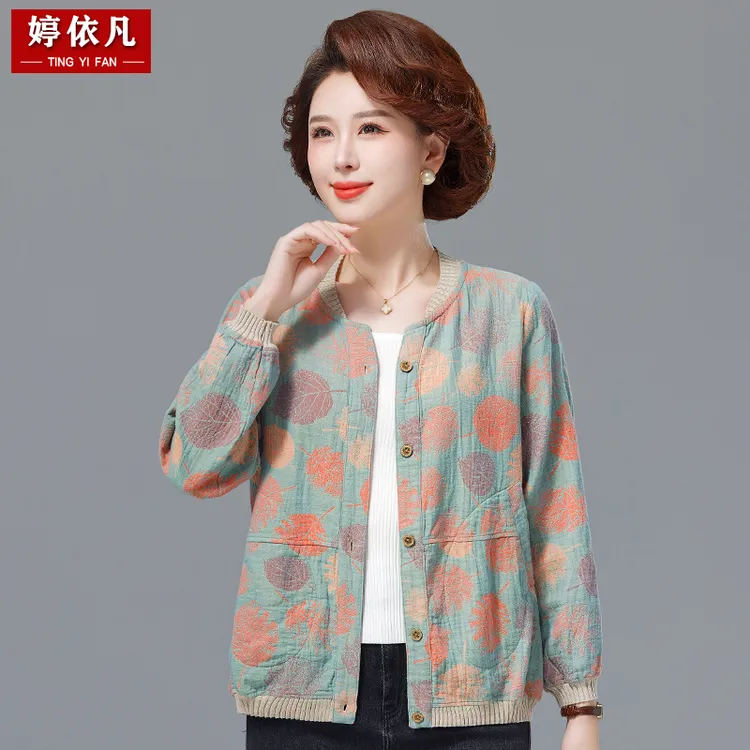 妈妈初秋外套薄款新款花色5060岁奶奶中老年女式纯棉春装上衣洋气
