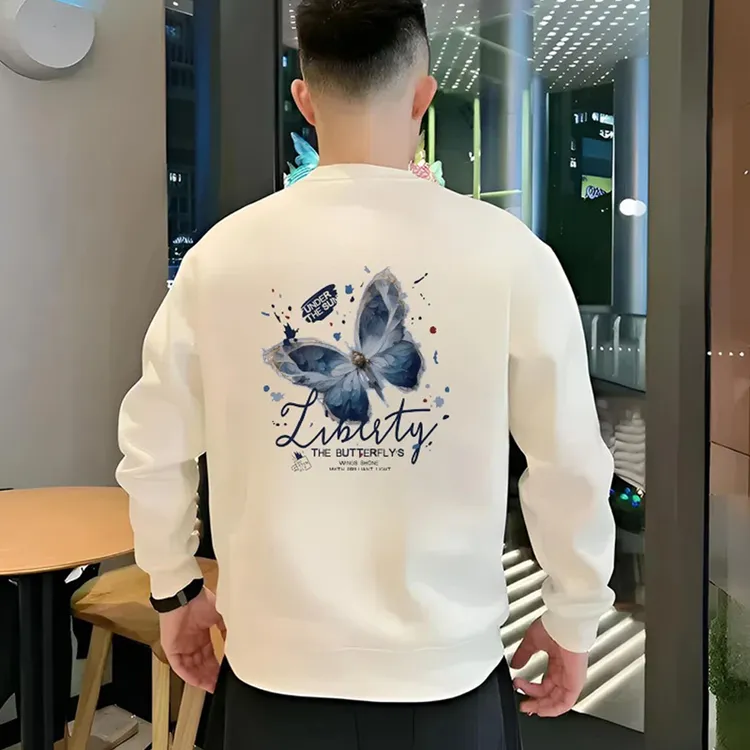 秋冬新款潮牌设计感蝴蝶印花卫衣男士圆领套头时尚青年打底衫上衣