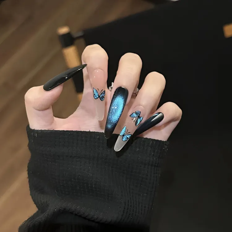 【蓝蝶】蓝色爆闪蝴蝶猫眼美甲穿戴甲中长款显白小众新款手工穿戴甲