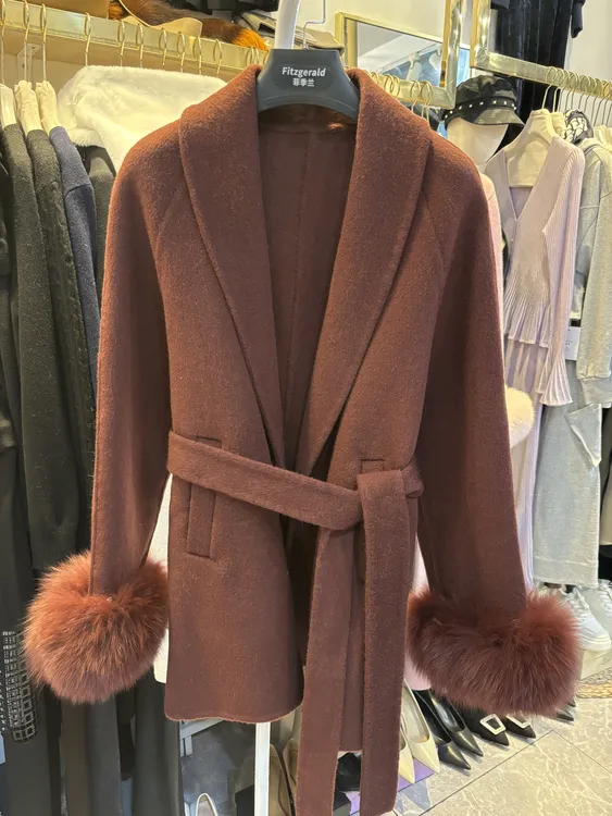 安可拉红秋冬新款可拆卸狐狸毛双面羊毛大衣女短款小个子外套