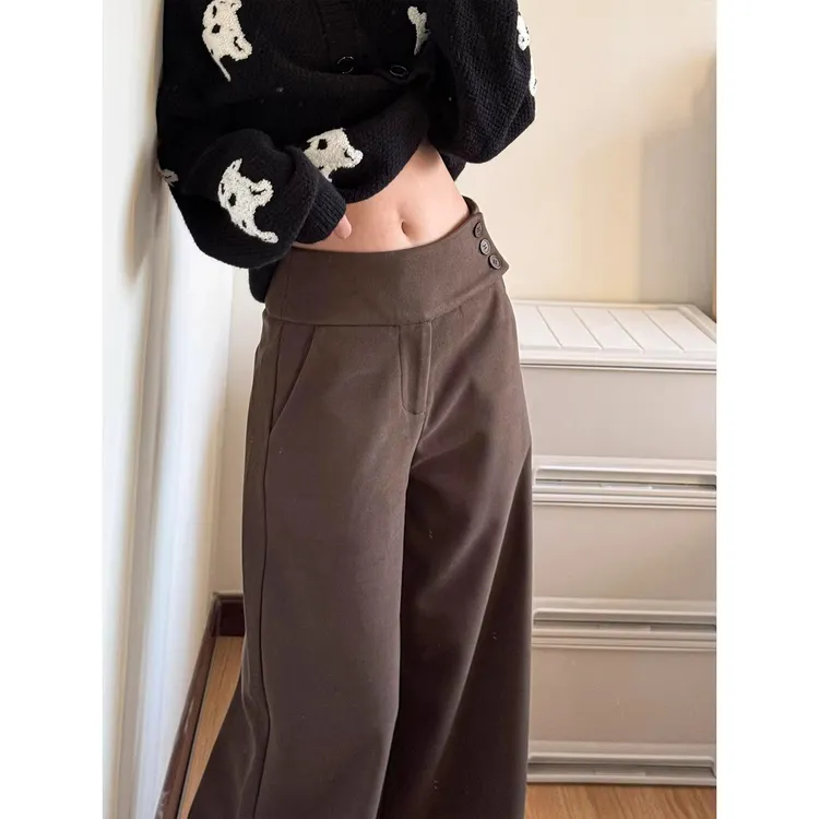 美式咖色毛呢西装裤女秋冬季高腰显瘦慵懒风松弛感休闲直筒阔腿裤