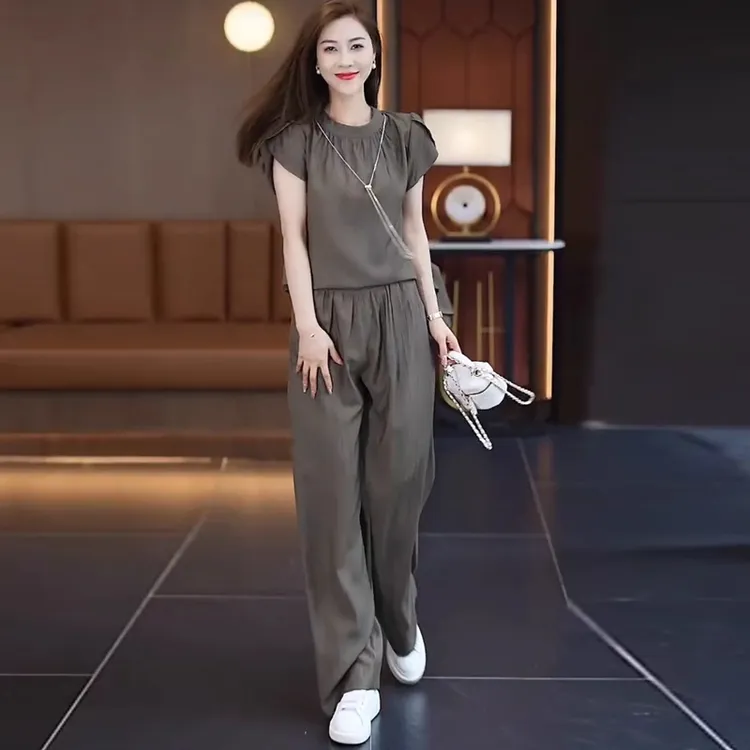 拉夏贝尔时尚后妈装女2025夏洋气短袖显瘦休闲韩版遮肚两件套